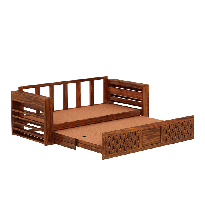 Callie Solid Sheesham Wood 3 Seater Sofa Cum Bed with Mini Storage and Side Pockets