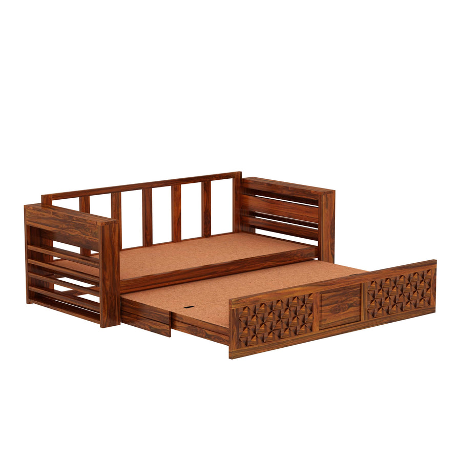 Callie Solid Sheesham Wood 3 Seater Sofa Cum Bed with Mini Storage and Side Pockets Sofa Cum Bed