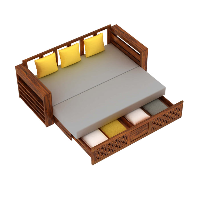 Callie Solid Sheesham Wood 3 Seater Sofa Cum Bed with Mini Storage and Side Pockets