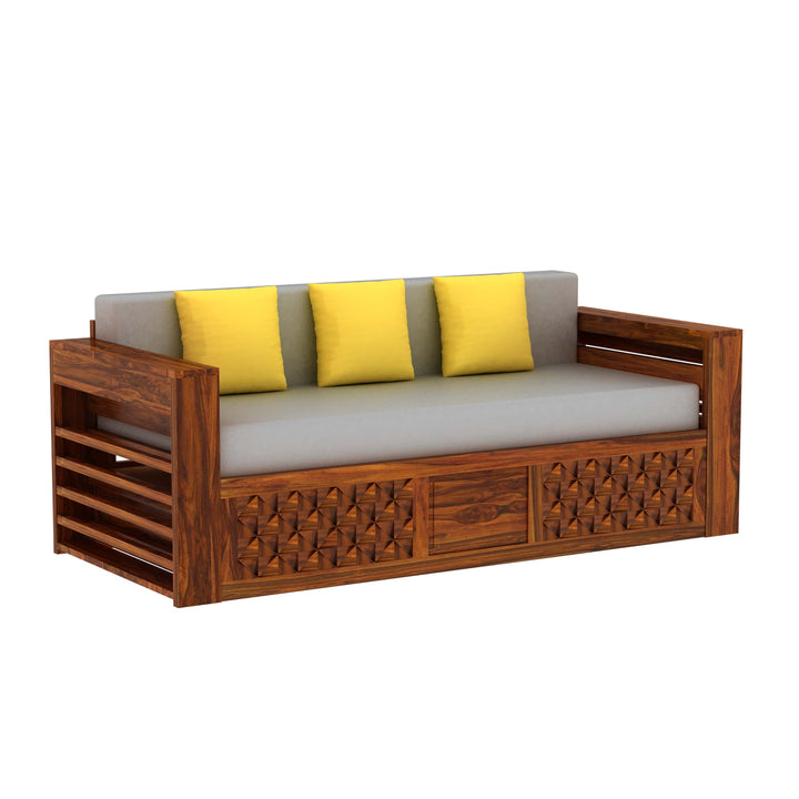 Callie Solid Sheesham Wood 3 Seater Sofa Cum Bed with Mini Storage and Side Pockets