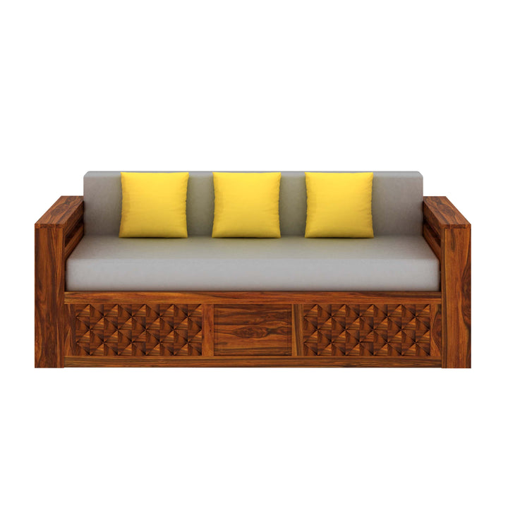 Callie Solid Sheesham Wood 3 Seater Sofa Cum Bed with Mini Storage and Side Pockets