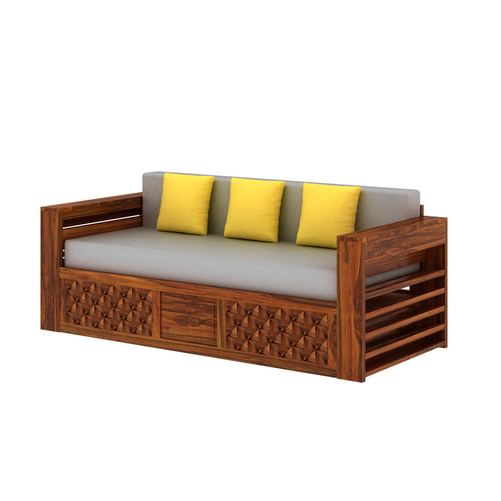 Callie Solid Sheesham Wood 3 Seater Sofa Cum Bed with Mini Storage and Side Pockets