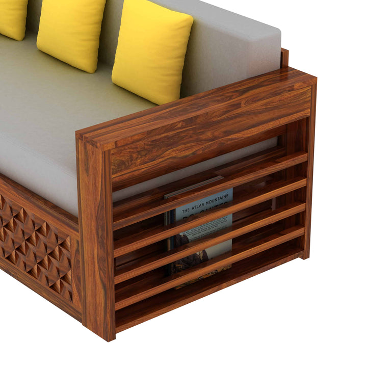 Callie Solid Sheesham Wood 3 Seater Sofa Cum Bed with Mini Storage and Side Pockets