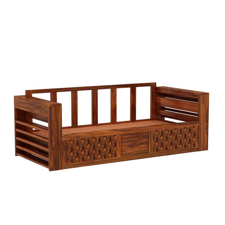 Callie Solid Sheesham Wood 3 Seater Sofa Cum Bed with Mini Storage and Side Pockets