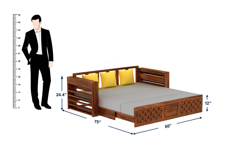 Callie Solid Sheesham Wood 3 Seater Sofa Cum Bed with Mini Storage and Side Pockets