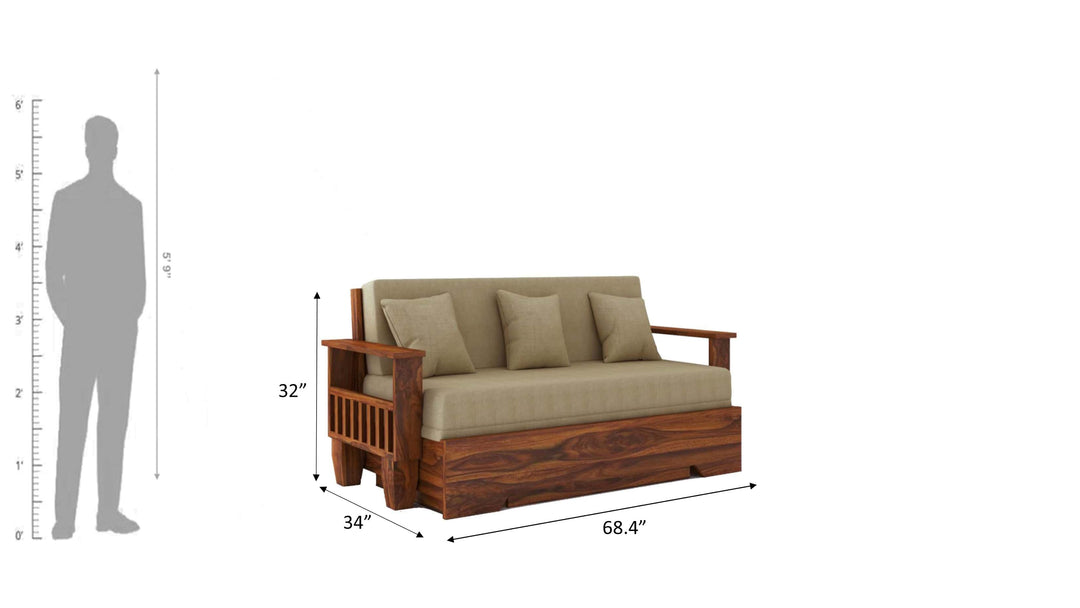 Remi Solid Sheesham Wood 3 Seater Sofa Cum Bed With Side Pockets