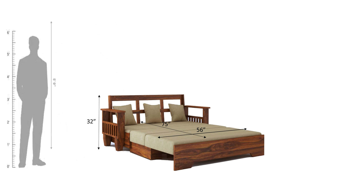Remi Solid Sheesham Wood 3 Seater Sofa Cum Bed With Side Pockets