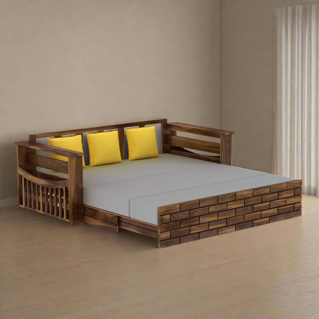 Dahlia Solid Sheesham Wood 3 Seater Sofa Cum Bed With Mini Storage and Side Pockets