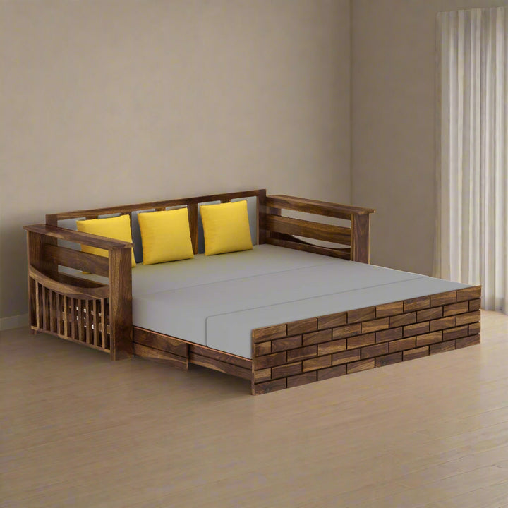 Dahlia Solid Sheesham Wood 3 Seater Sofa Cum Bed With Mini Storage and Side Pockets