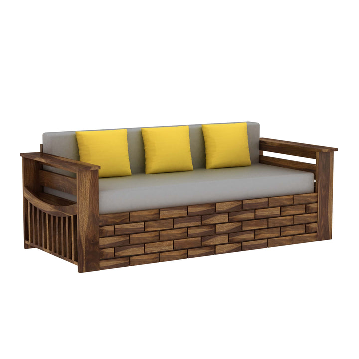 Dahlia Solid Sheesham Wood 3 Seater Sofa Cum Bed With Mini Storage and Side Pockets