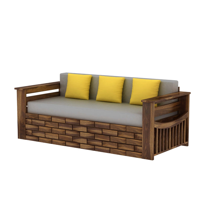 Dahlia Solid Sheesham Wood 3 Seater Sofa Cum Bed With Mini Storage and Side Pockets