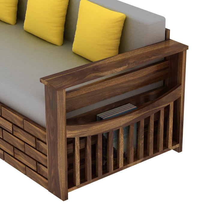 Dahlia Solid Sheesham Wood 3 Seater Sofa Cum Bed With Mini Storage and Side Pockets