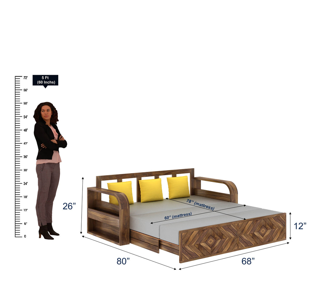 Demi Solid Sheesham Wood 3 Seater Sofa Cum Bed with Footboard Design