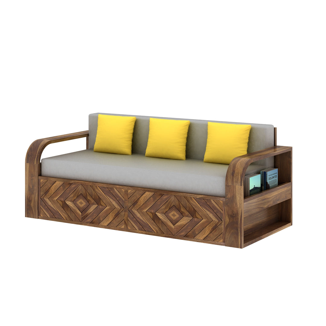 Demi Solid Sheesham Wood 3 Seater Sofa Cum Bed with Footboard Design
