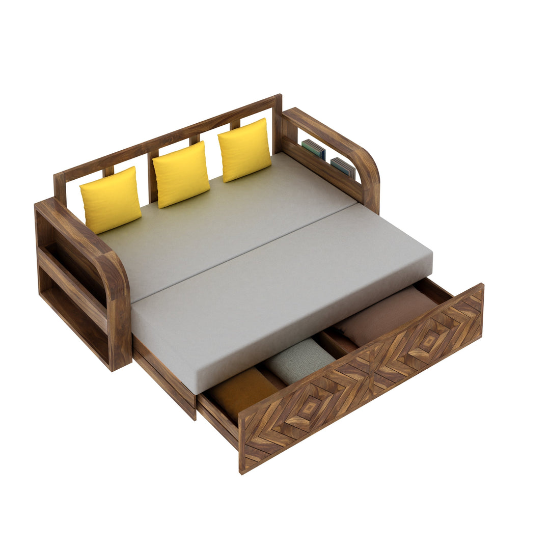 Demi Solid Sheesham Wood 3 Seater Sofa Cum Bed with Footboard Design