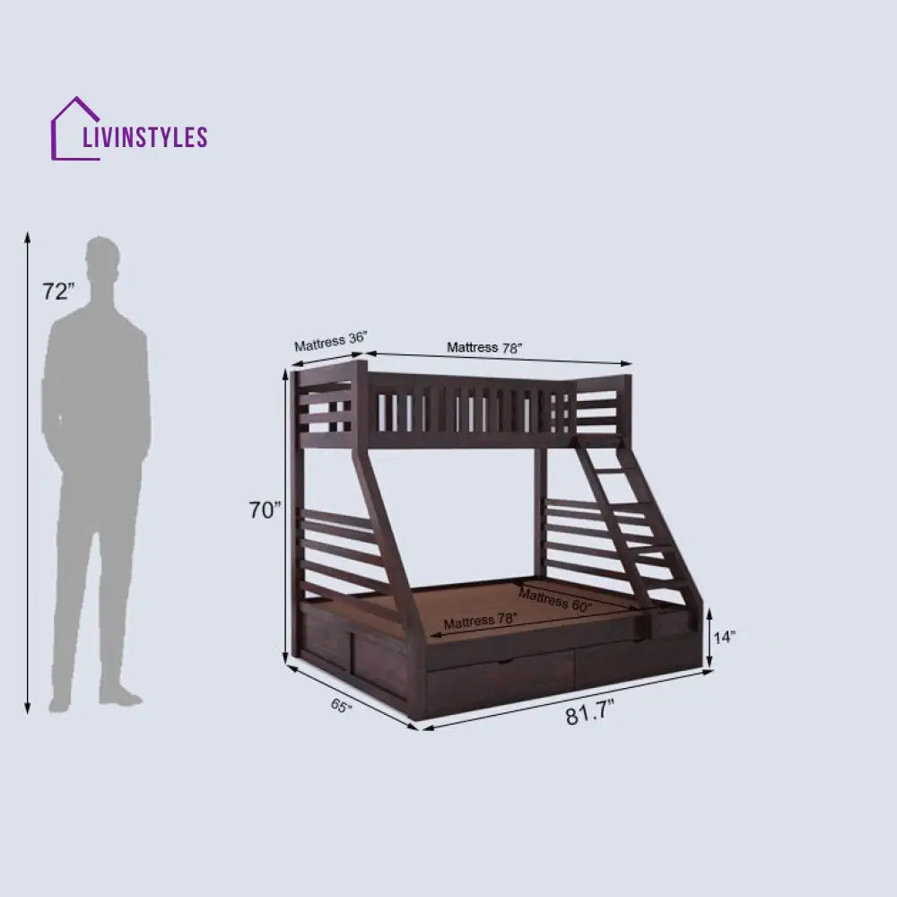 Sofía Intalian Solid Sheesham Bunk Bed With Drawer Storage Bunk Bed