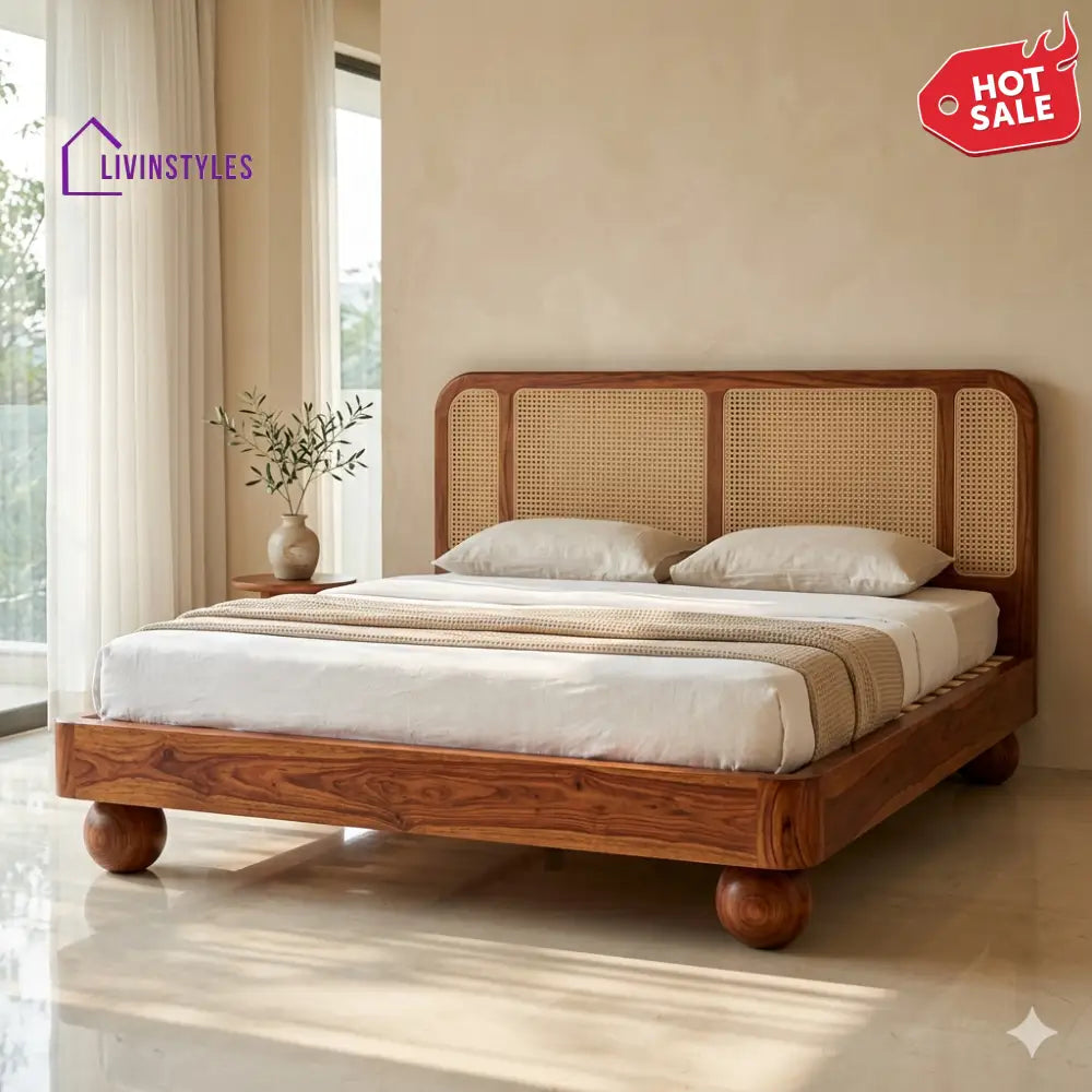 Sofia Sheesham Wood Bed with Ball Shaped Legs and Cane Weaving Headboard