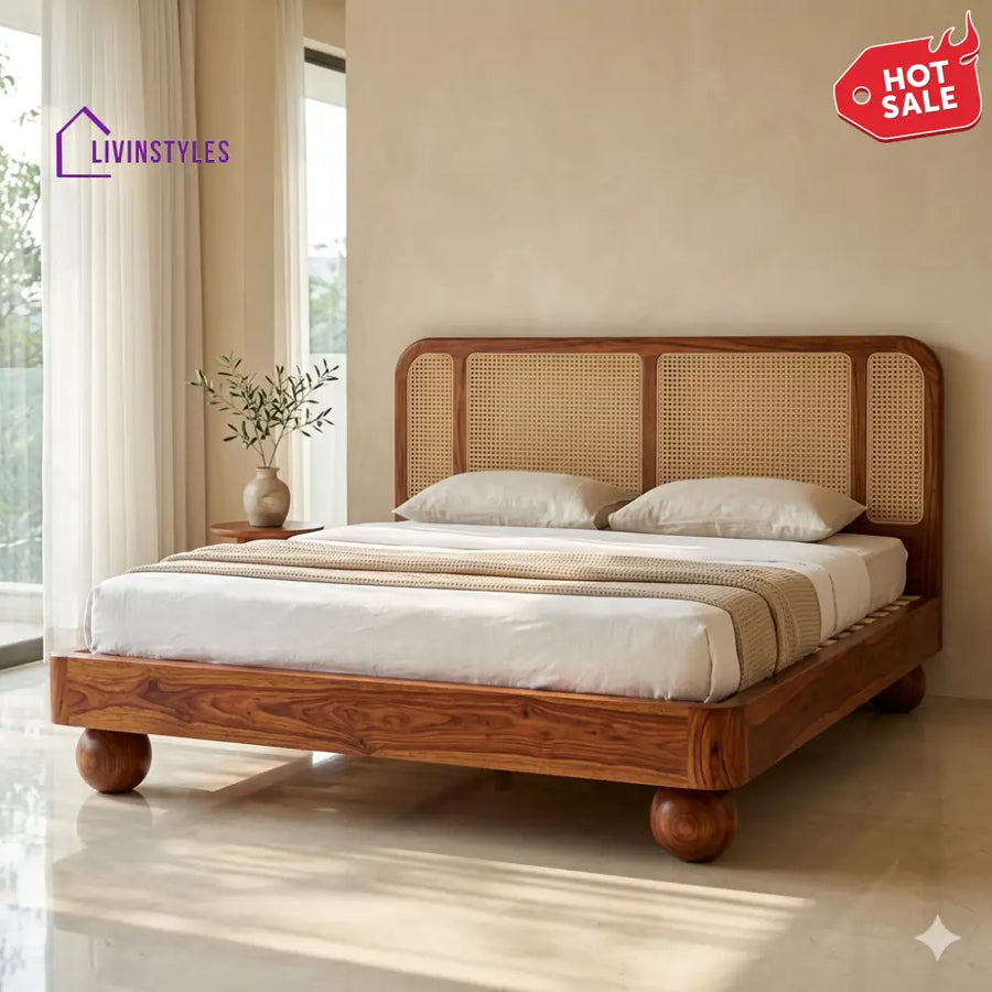 Sofia Sheesham Wood Bed with Ball Shaped Legs and Cane Weaving Headboard
