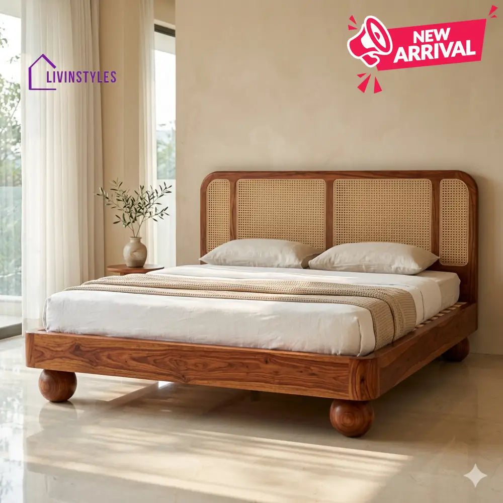 Sofia Sheesham Wood Bed with Ball Shaped Legs and Cane Weaving Headboard