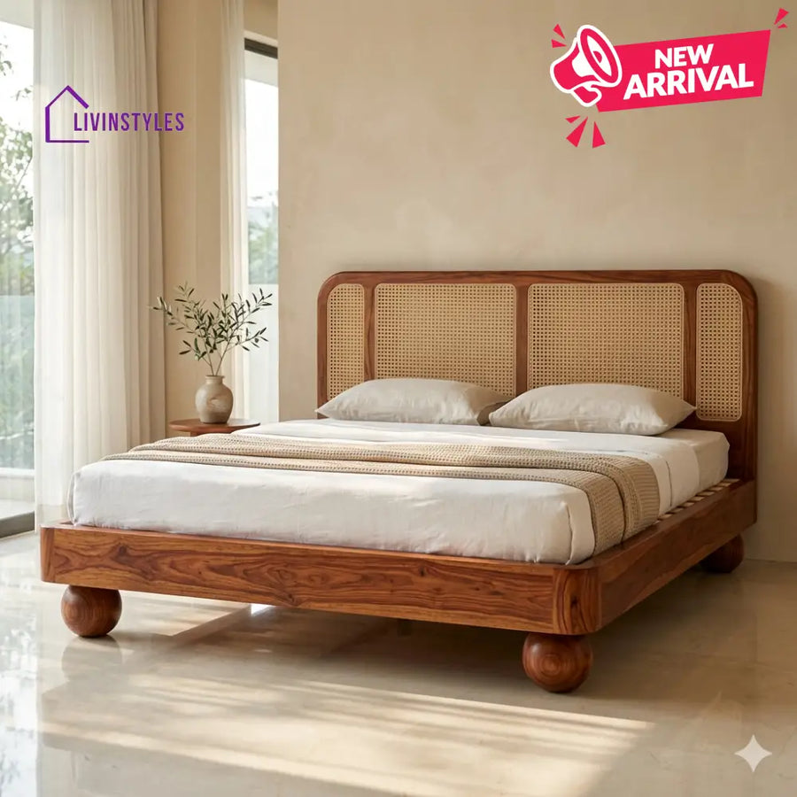 Sofia Sheesham Wood Bed with Ball Shaped Legs and Cane Weaving Headboard