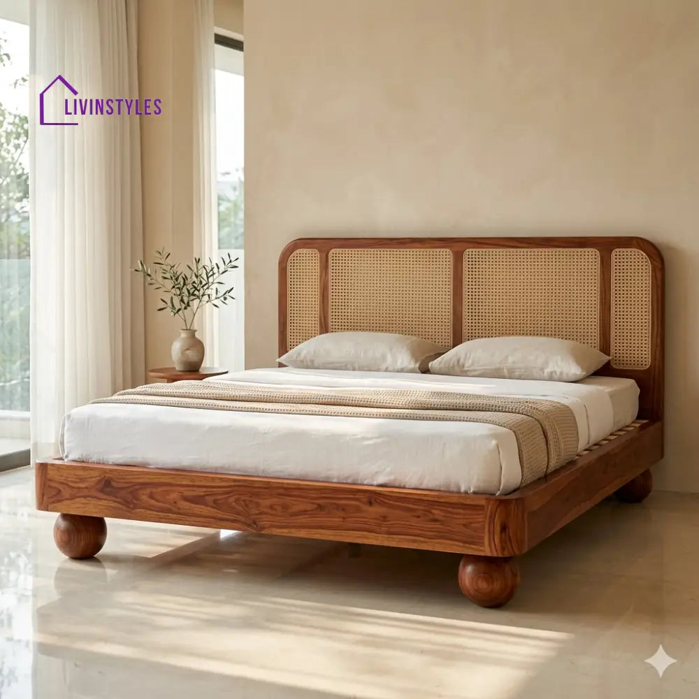 Sofia Sheesham Wood Bed with Ball Shaped Legs and Cane Weaving Headboard
