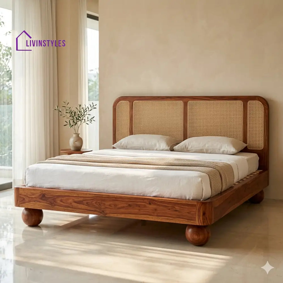 Sofia Sheesham Wood Bed with Ball Shaped Legs and Cane Weaving Headboard