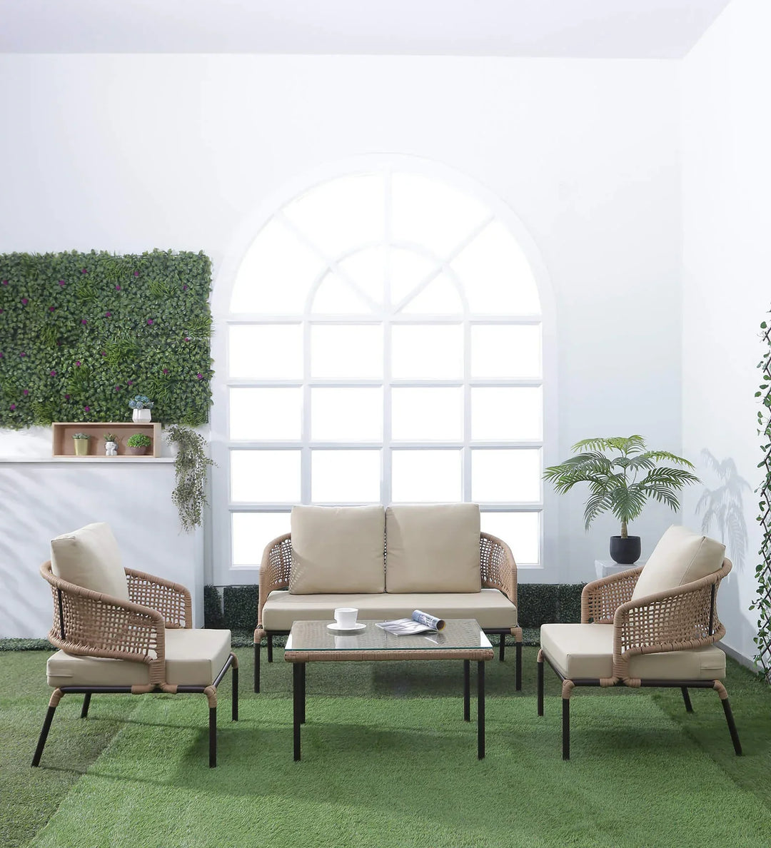 Volker Outdoor Sofa Set 2 Seater, 2 Single seater and 1 Center Table (Natural) Braided & Rope