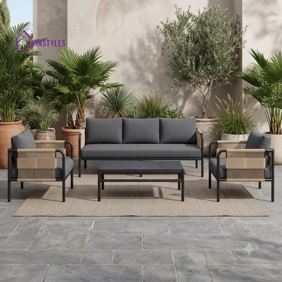 Solange Metal Frame and Rope Weaving Outdoor Sofa Set 3 + 1 +1 and Coffee Table | Premium Uphostery