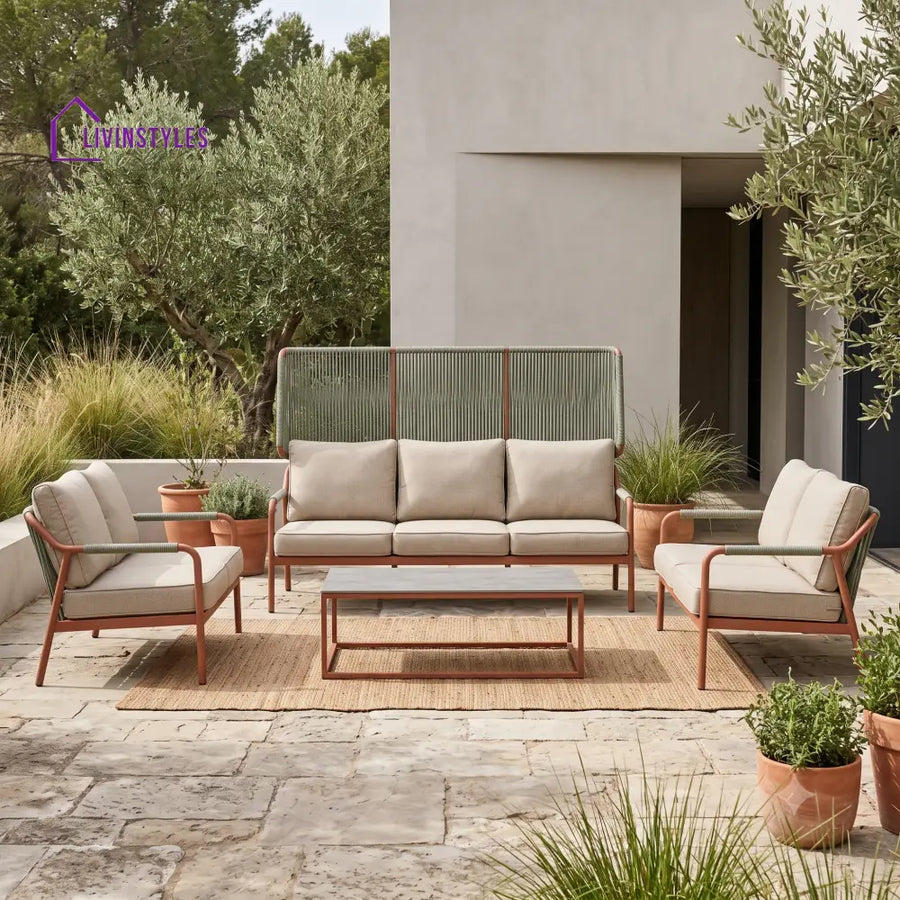 Solene Metal Frame and Rope Weaving Outdoor Sofa Set 3 + 1 +1 and Coffee Table | Premium Uphostery