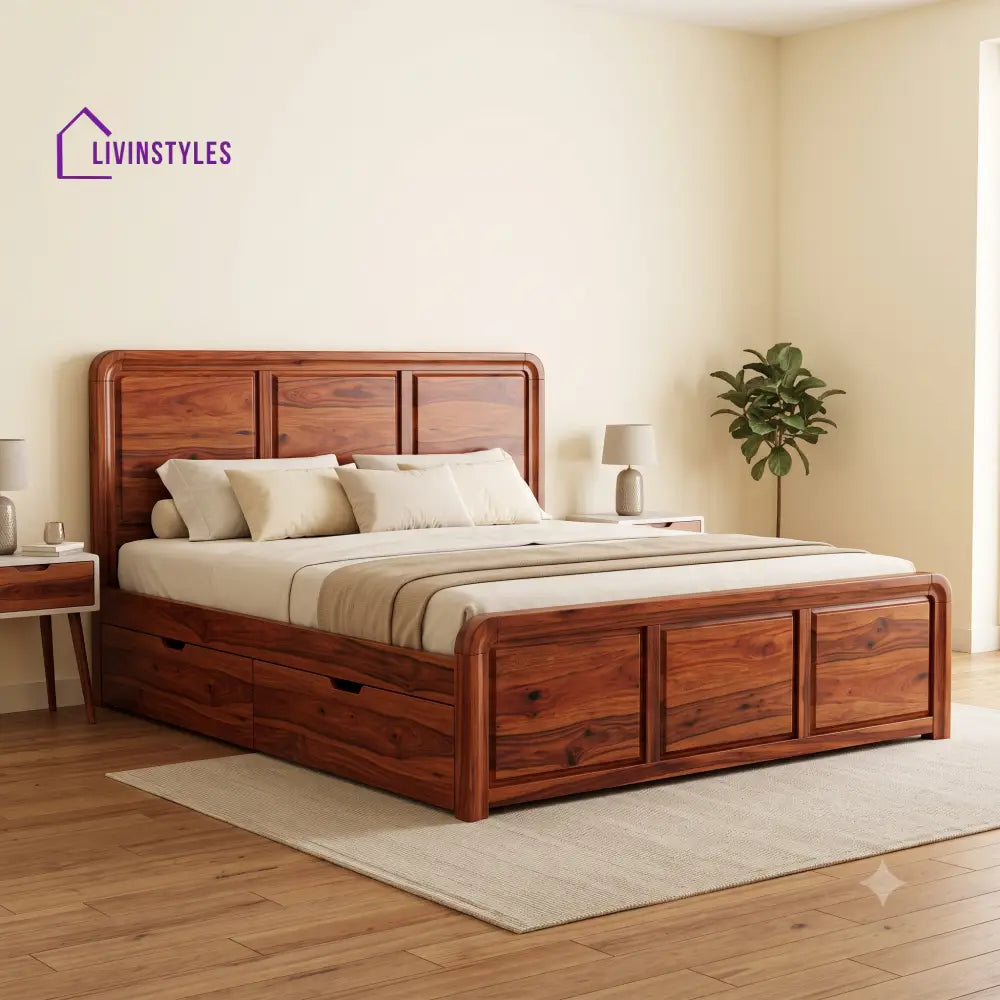 Solene Premium Wooden Bed with Drawer Storage | King Size Bed & Queen Size Bed Online