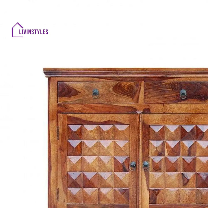 Solid Sheesham Wood Diamond Design Sideboard 3 Door Drawer (Honey Finish)
