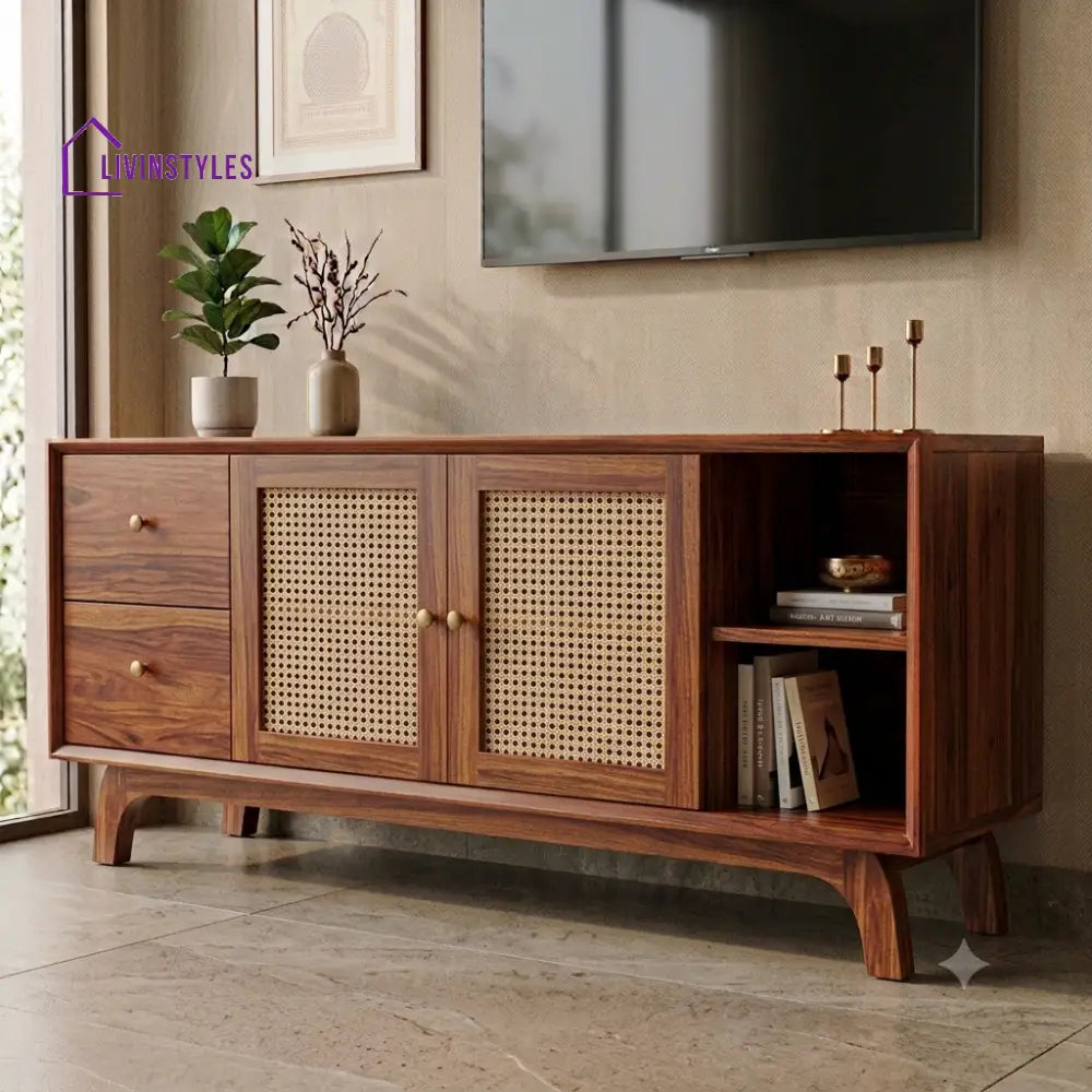 Solid Sheesham Wood TV Console For Living Room With Storage