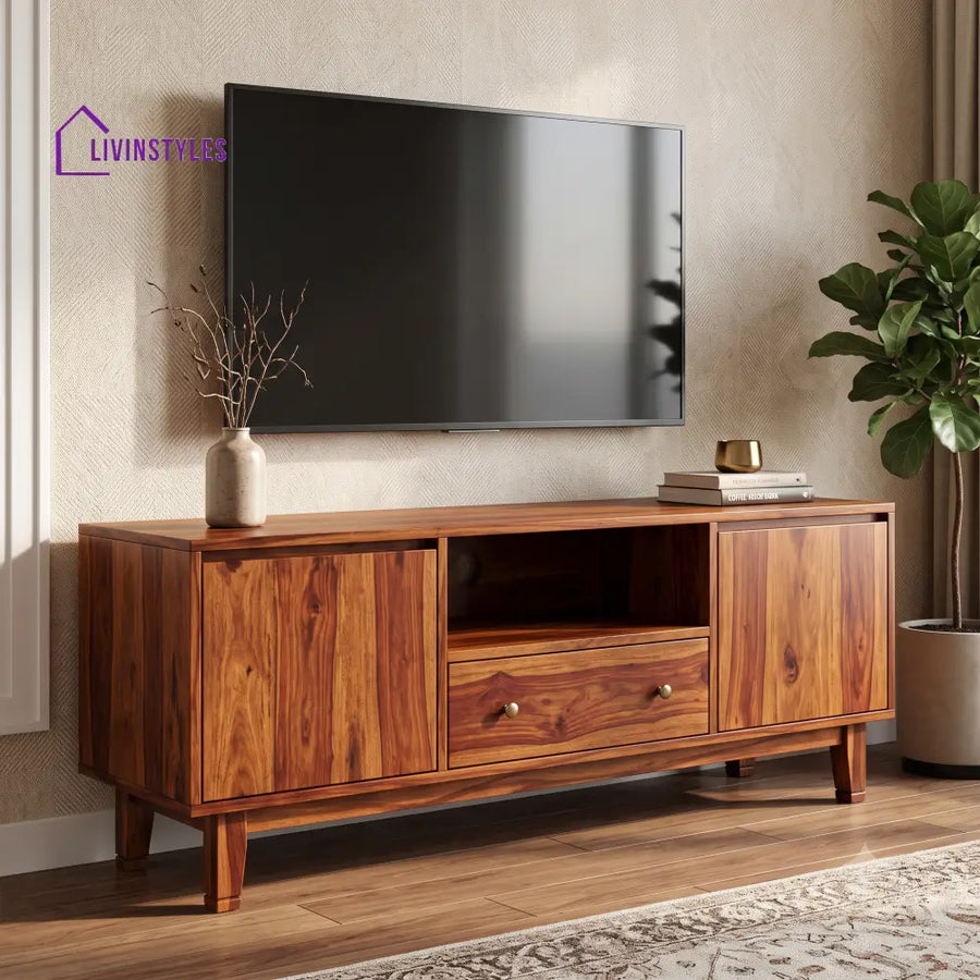 Solid Sheesham Wood TV Console Table With Ample Storage For Living Room