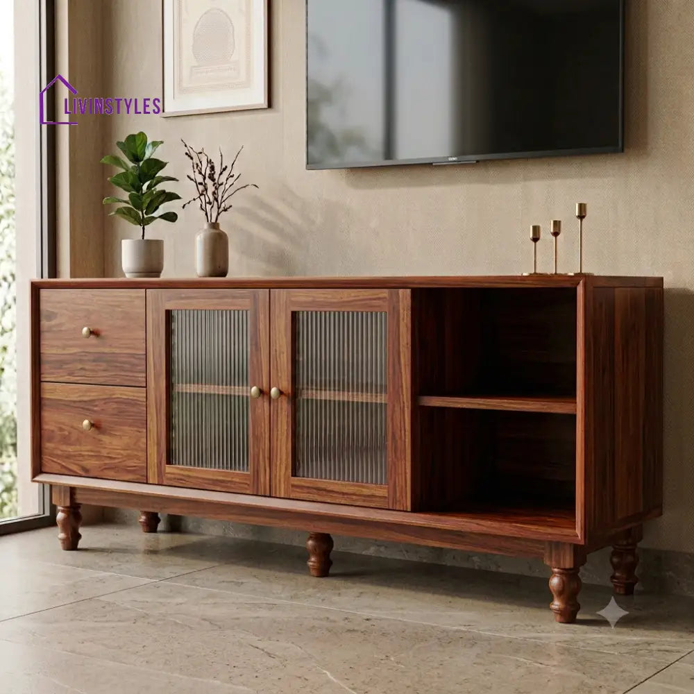 Solid Sheesham Wood TV Console With Ample Storage For Living Room
