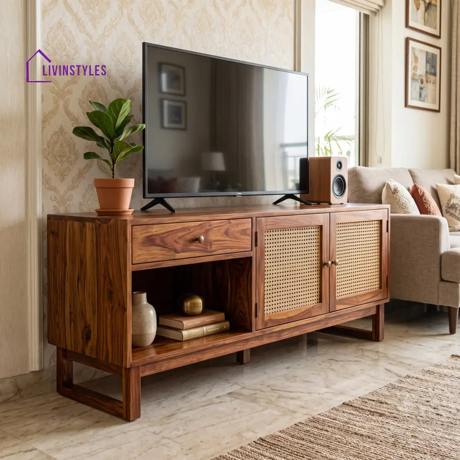 Solid Sheesham Wood TV Console With Storage Cabinet For Living Room