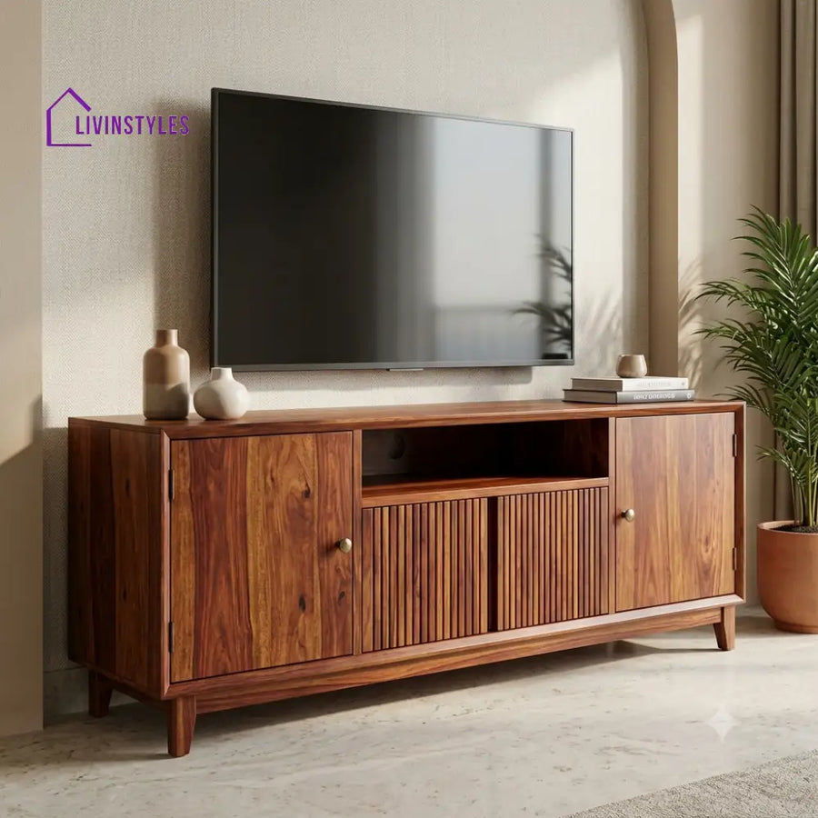 Solid Sheesham Wood TV Unit Cabinet With Storage For Living Room