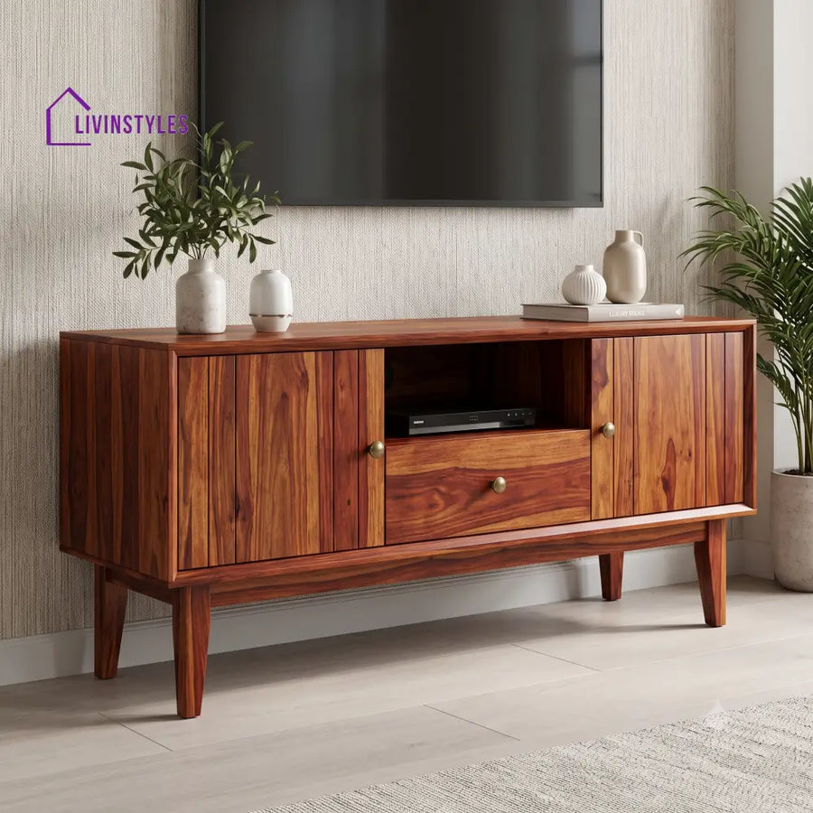 Solid Sheesham Wood TV Unit Cabinet With Storage For Living Room