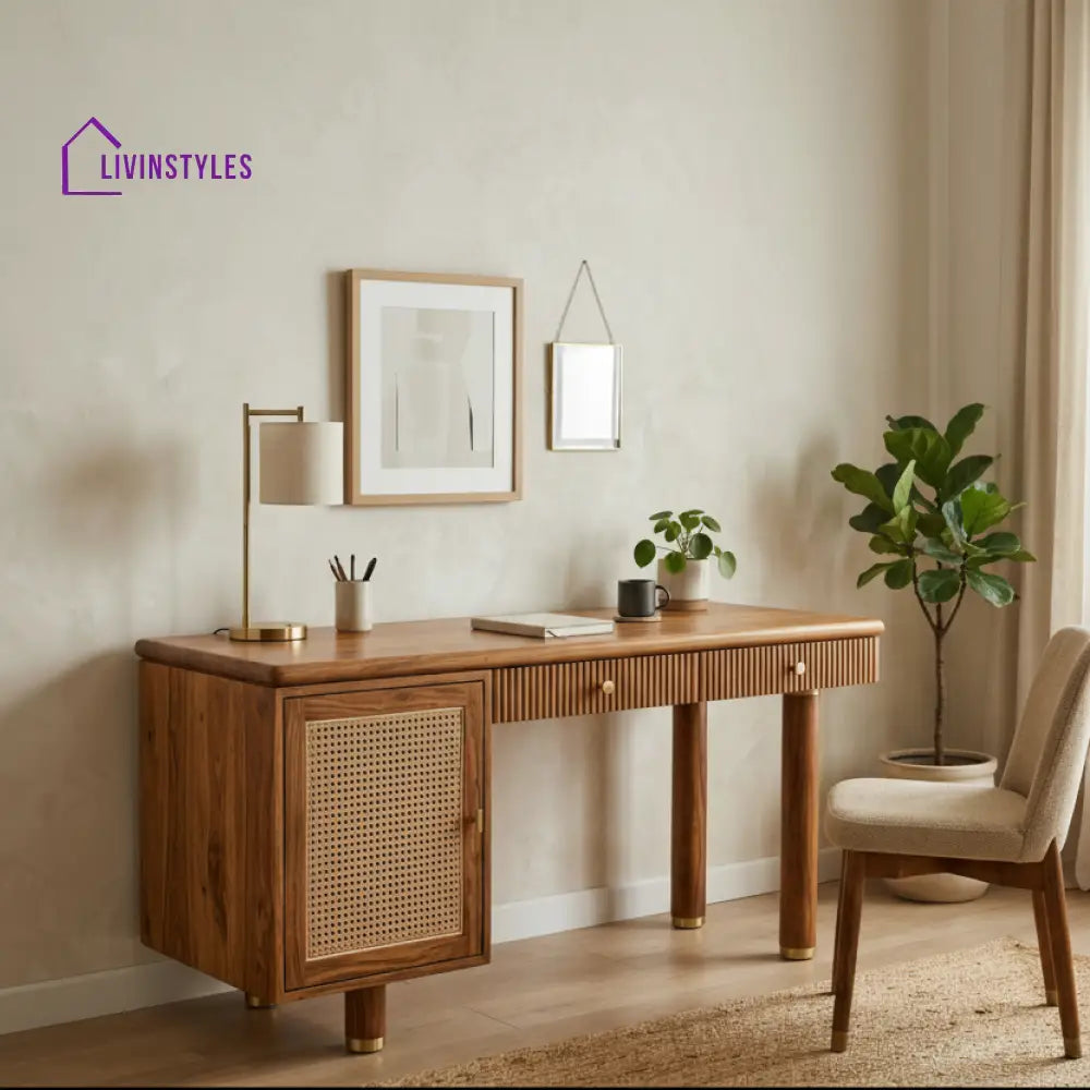 Son Modern Designer Sheesham Wood Study Table with Cane Accents & Drawer Storage
