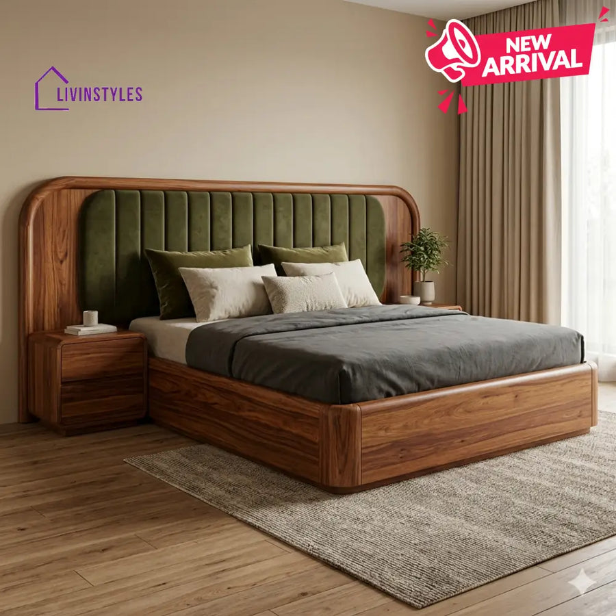 Sonam Premium Sheesham Wood Bed with Velvet Headboard