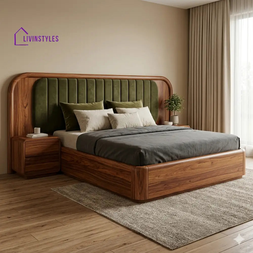 Sonam Premium Sheesham Wood Bed with Velvet Headboard