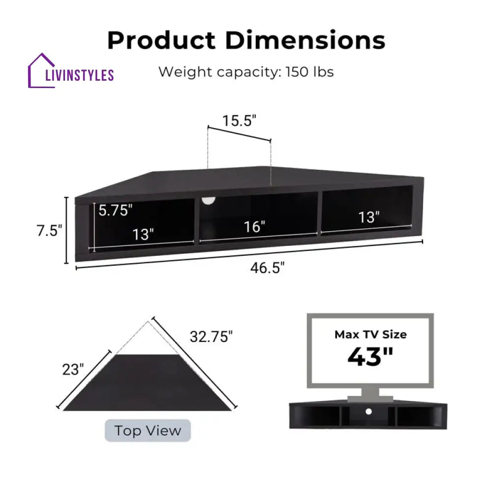 Sophia Wall Mounted Black Finish Tv Unit Stand for Living Room