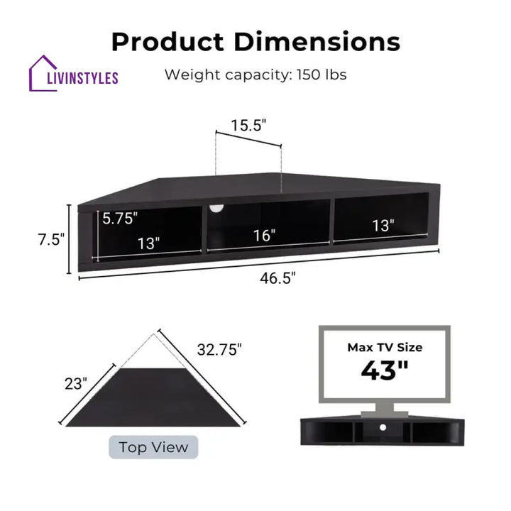 Sophia Wall Mounted Black Finish Tv Unit Stand for Living Room