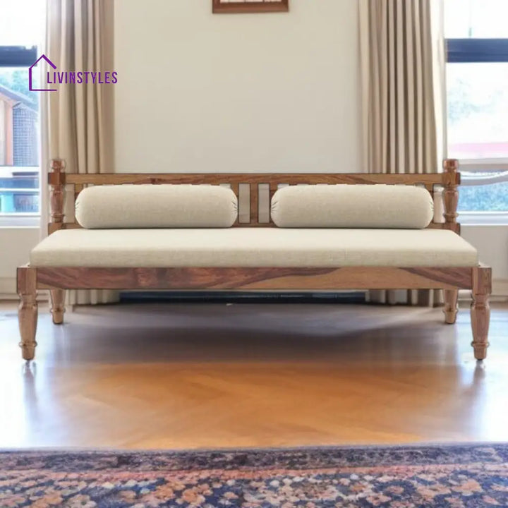 Sophie Diwan in Crystal Grey Floral Teak Sheesham Wood Honey Finish