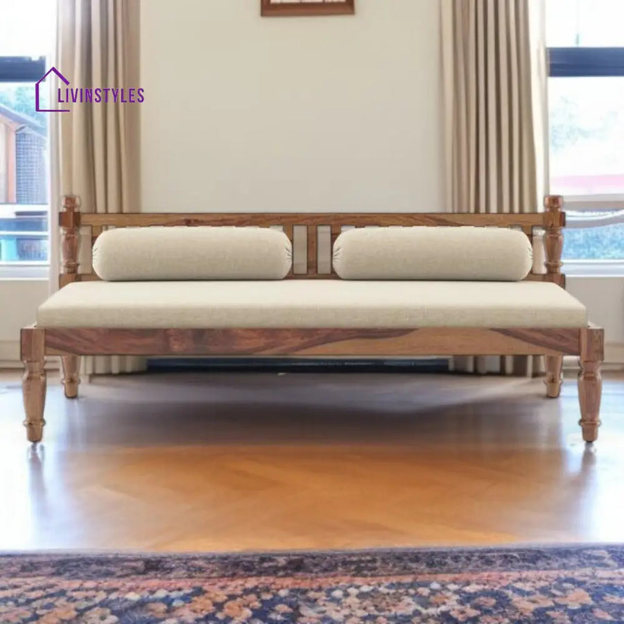 Sophie Diwan in Crystal Grey Floral Teak Sheesham Wood Honey Finish
