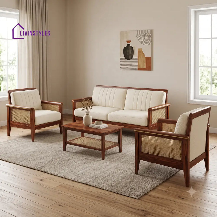 Sophie Premium Wooden Sofa Set for Living Room | 3 + 1 + 1 Seater Sheesham Wood Sofa Set