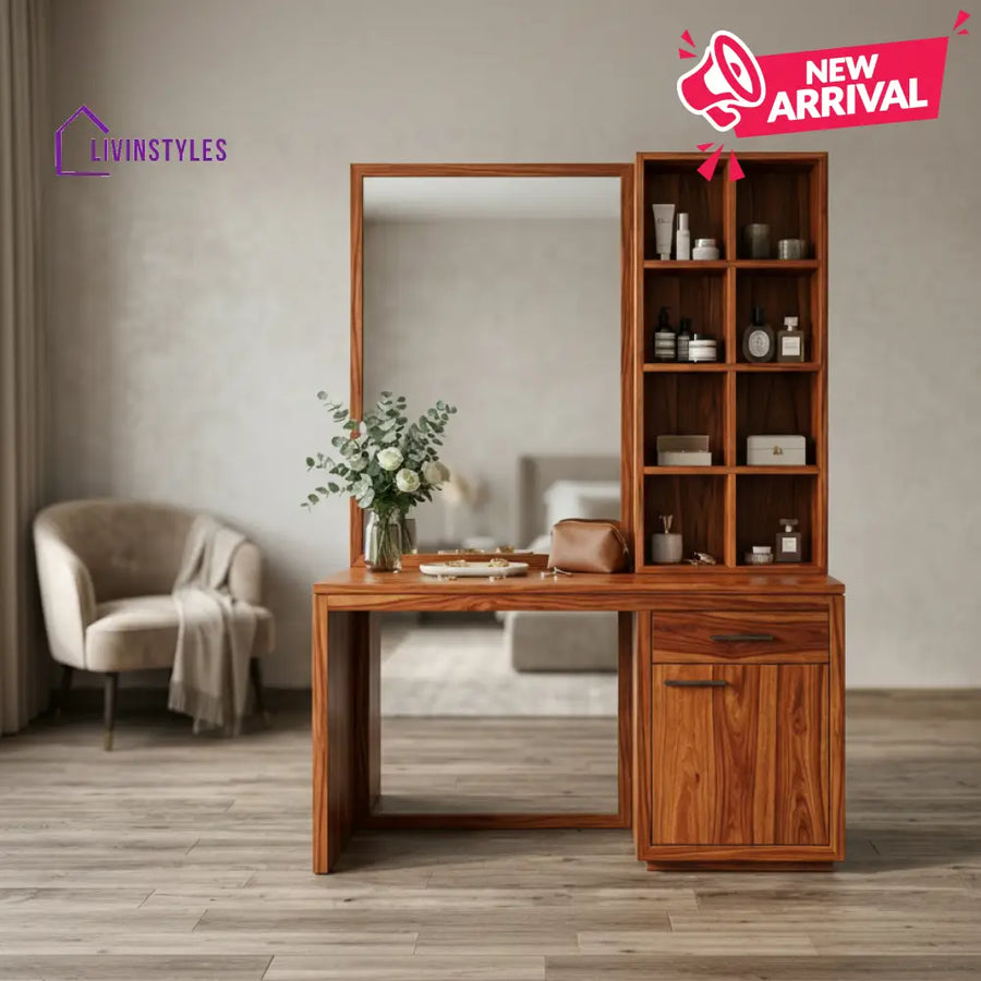 Sophie Sheesham Wood Dressing Table with Mirror and Storage (Honey Finish)