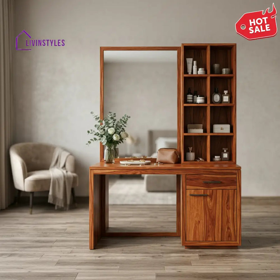 Sophie Sheesham Wood Dressing Table with Mirror and Storage (Honey Finish)