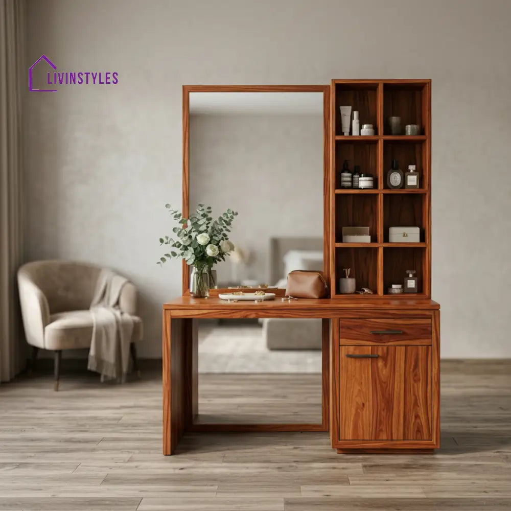 Sophie Sheesham Wood Dressing Table with Mirror and Storage (Honey Finish)