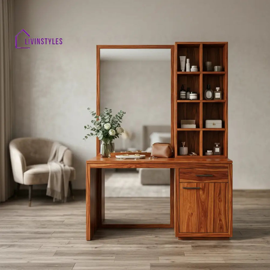 Sophie Sheesham Wood Dressing Table with Mirror and Storage (Honey Finish)
