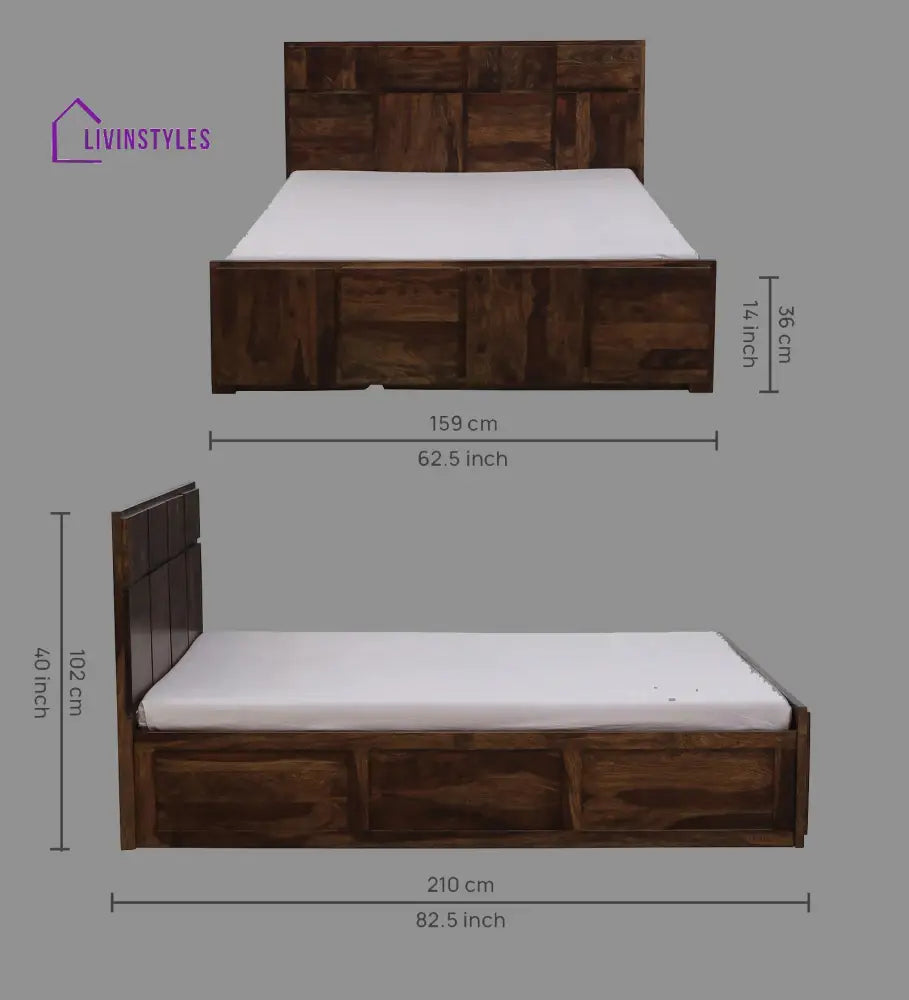 Sophie Sheesham Wood Queen Size Bed In Provincial Teak Finish With Box Storage